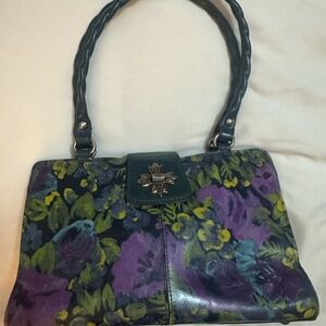 Patricia Nash Purple and Green Floral Shoulder Bag with Braided Handles
